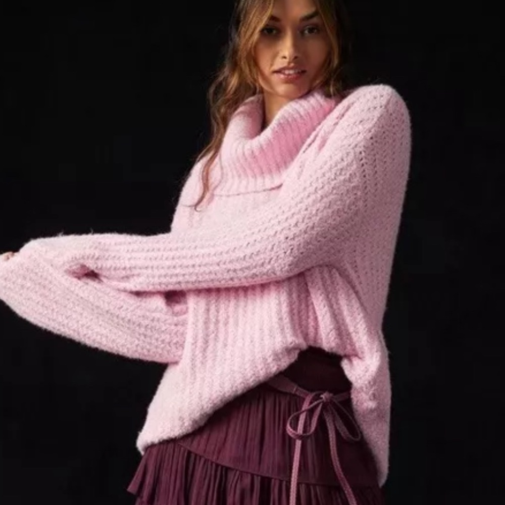 Maeve Anthropologie chunky Knit Turtleneck cowl pullover sweater pink small